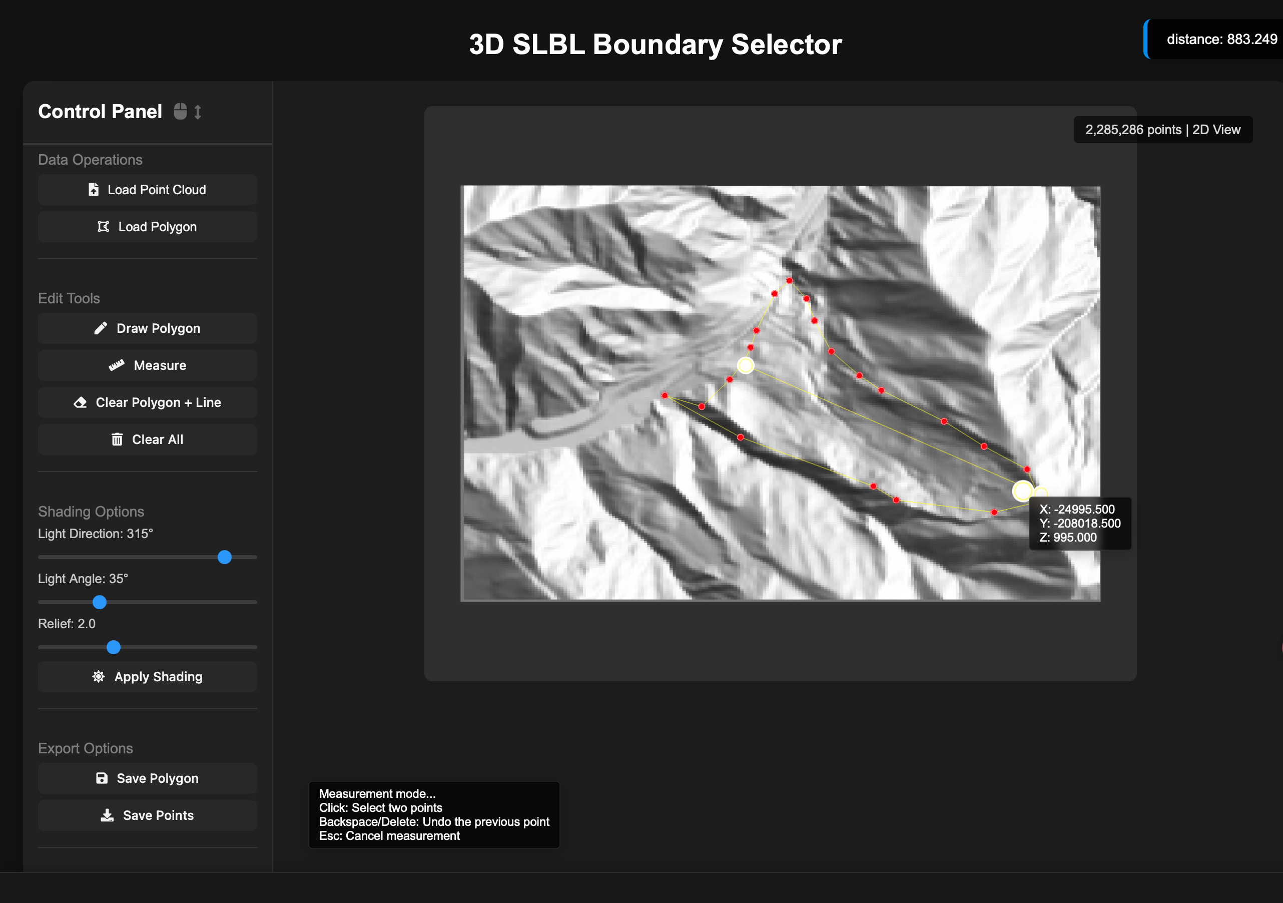 Dark interface for selecting an SLBL boundary on a shaded digital elevation model.
